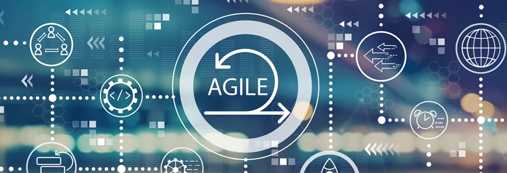 Graphic with the word AGILE in the center of the image and with various symbols in the background.