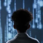 a person standing in front of futuristic looking screen